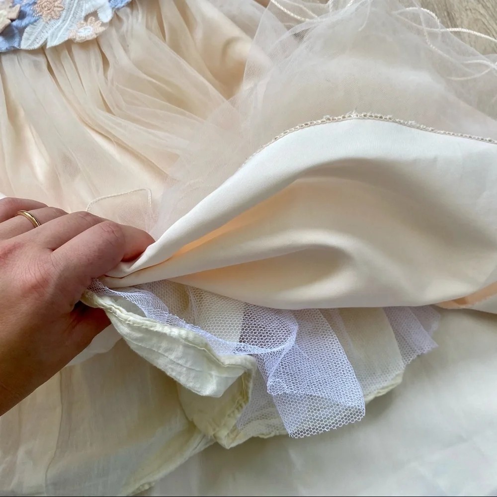 Cielarko Peach & Blue Butterfly Flower Tulle Dress, Satin Top, Size 130 (6/7 Y)